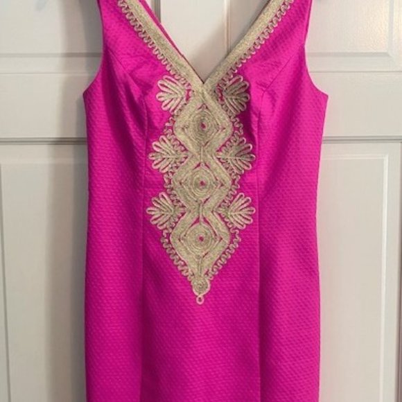 Lilly Pulitzer Hot Pink Sleeveless w/Gold Embellished Textured Dress 0 - Picture 1 of 6